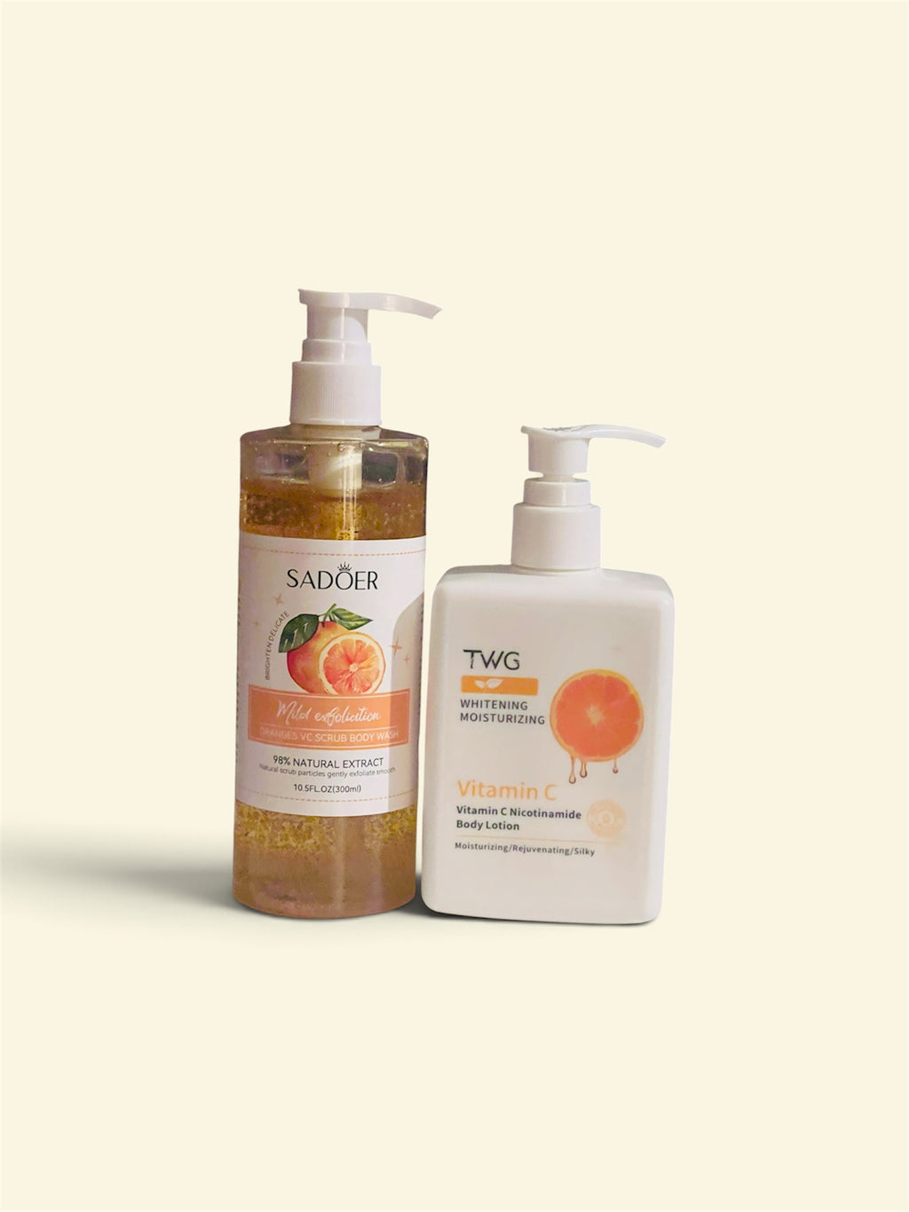 Vitamin C Glow & Exfoliation Body Care Duo – SADOER Scrub Body Wash & TWG Vitamin C Body Lotion
