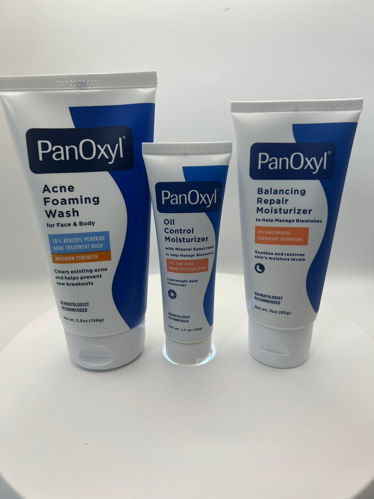 PanOxyl Acne Clear Routine Set – 10% Benzoyl Peroxide Wash + Oil Control SPF Moisturiser + Repair Cream