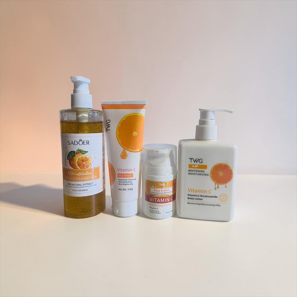 Vitamin C Glow Essentials Set – Body Wash Scrub(300ml), Face Wash(100ml), Face Cream(50ml)& Body Lotion(300ml)