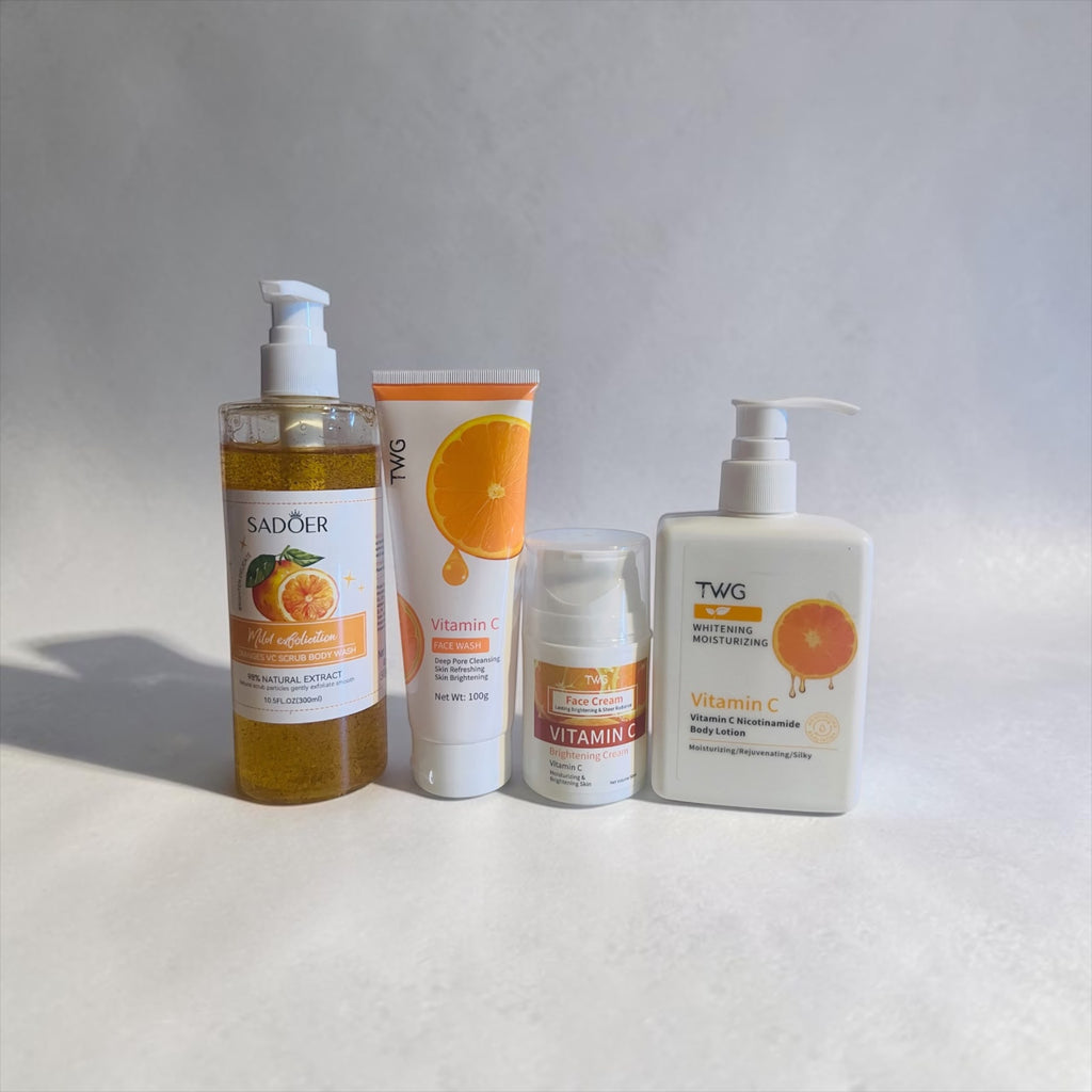 Vitamin C Glow Essentials Set – Body Wash Scrub(300ml), Face Wash(100ml), Face Cream(50ml)& Body Lotion(300ml)