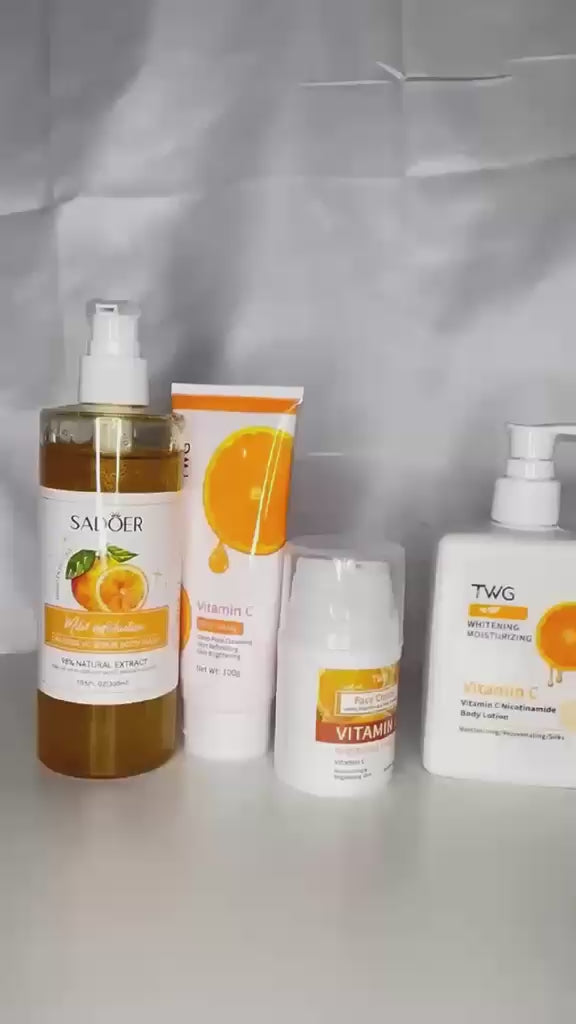 Vitamin C Glow Essentials Set – Body Wash Scrub(300ml), Face Wash(100ml), Face Cream(50ml)& Body Lotion(300ml)